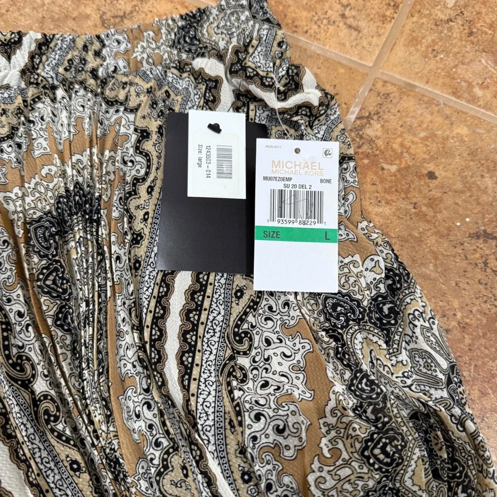 Michael Kors Women's Midi Skirt L Large Maxi Flowy Pleated‎ Geometric Bone NWT